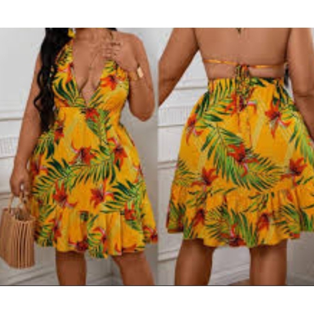 Yellow Floral Halter Dress Tropical Print Open Back Ruffle Bottom - Picture 2 of 9